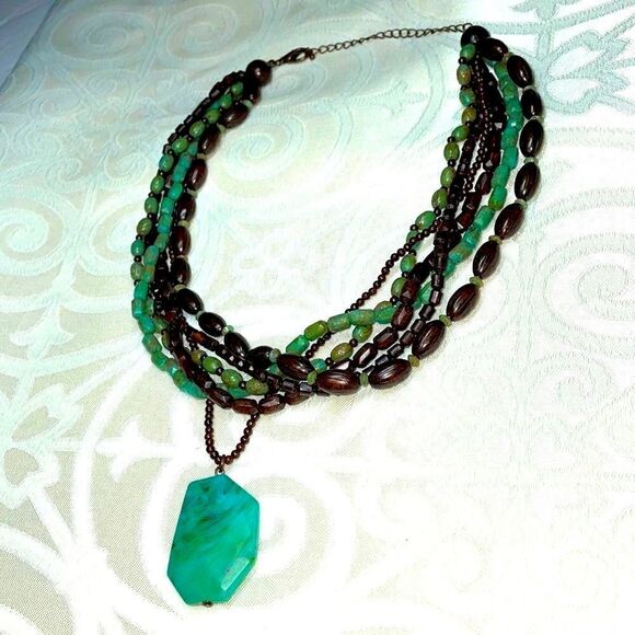Multi-strand faux turquoise pendant adjustable necklace of browns and blue green - Picture 1 of 6